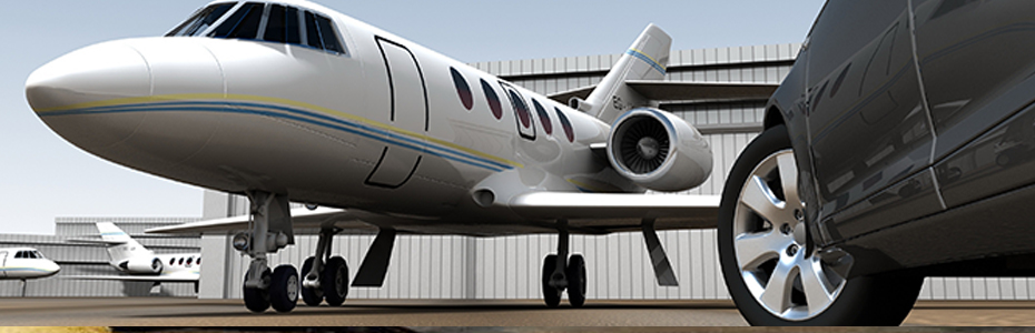 Private airport with Kansas City black limo service car near private airplane